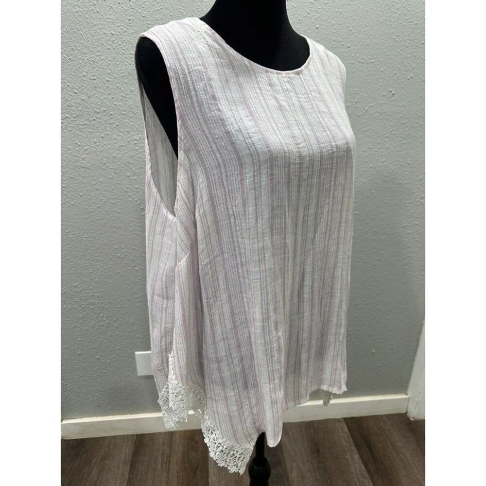Plus Size 1X Crochet Lace Trim Sleeveless Pastel Stripe Tunic Tank Top